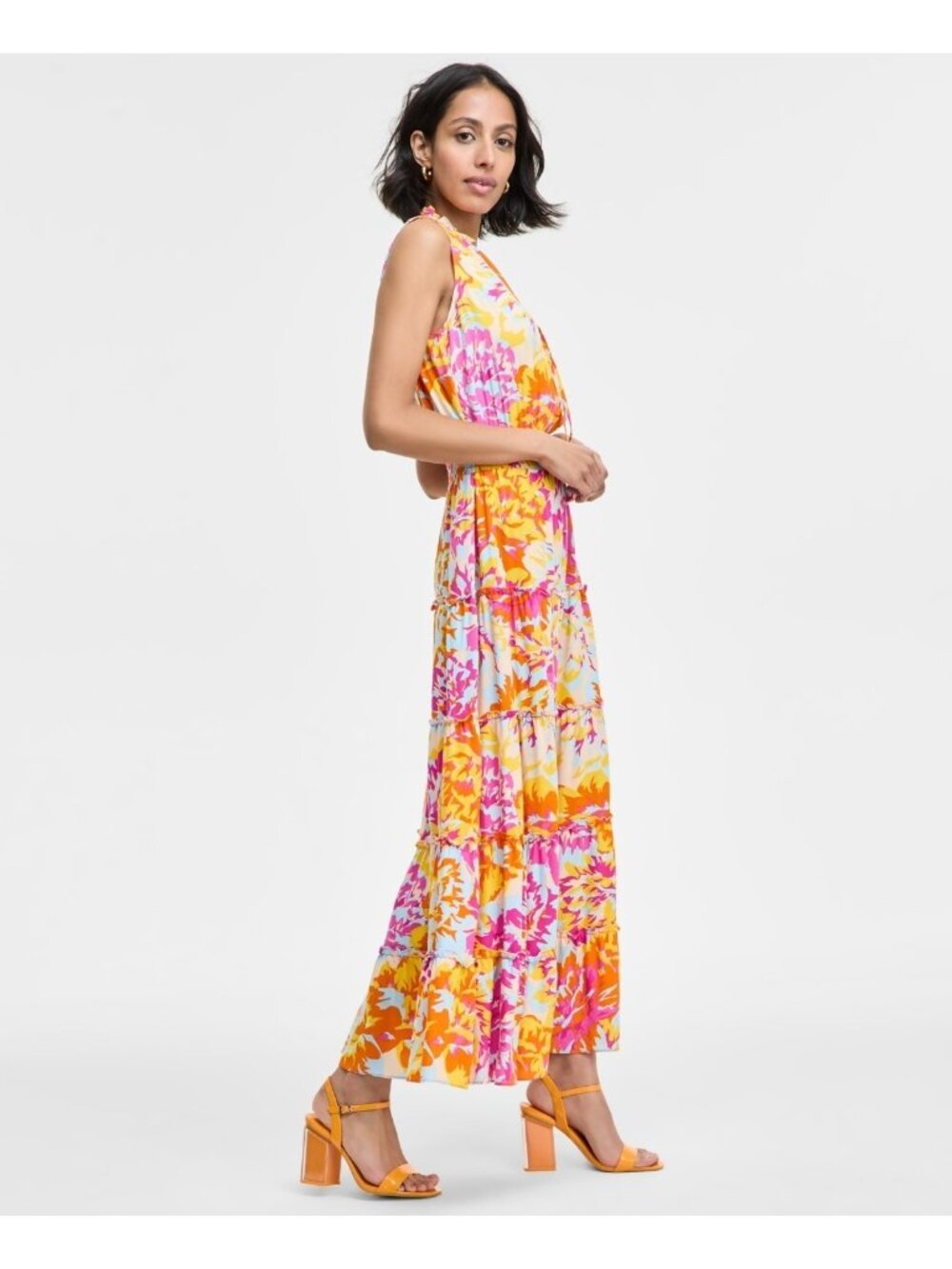 MSK Women's Rayon Floral Ruffle-Collar Tiered Maxi Dress Pink Orange Size L $79 - Picture 3 of 6
